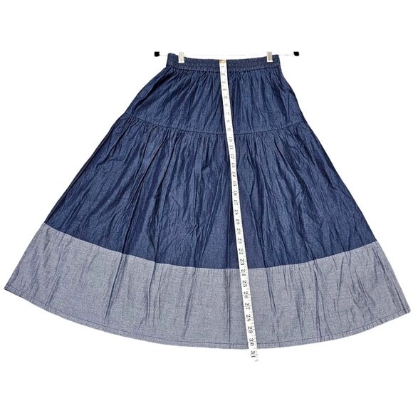 Tiered Denim Maxi Skirt Elastic Waist Two-Tone Contrast Hem Lightweight - Picture 3 of 4